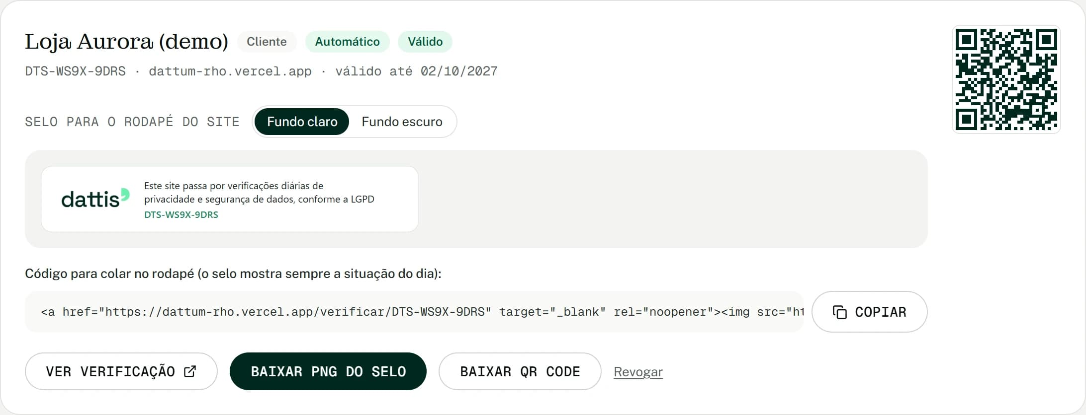 Certificado emitido no painel, com código do selo e QR Code