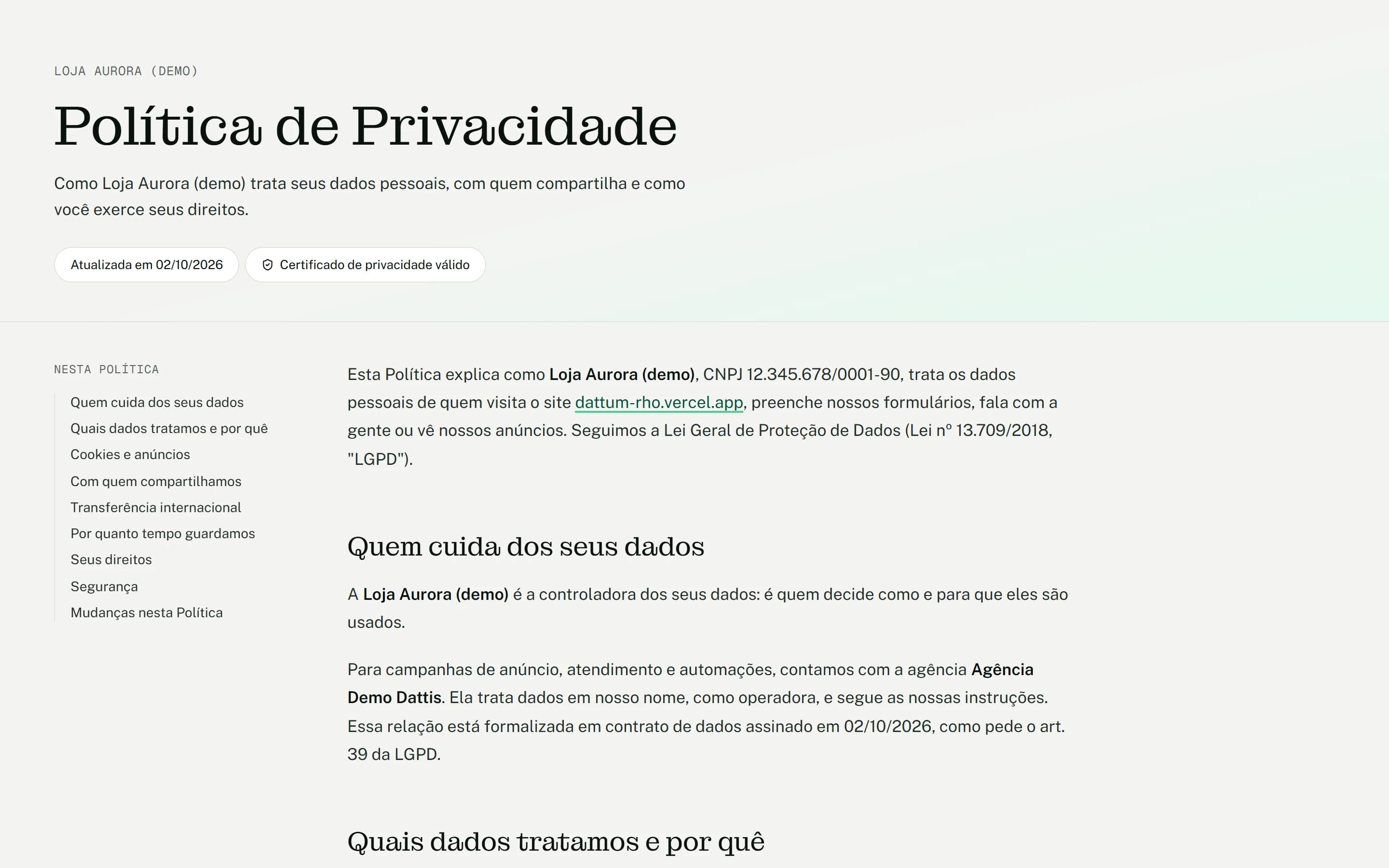 Política de privacidade pública de um cliente, hospedada pela Dattis